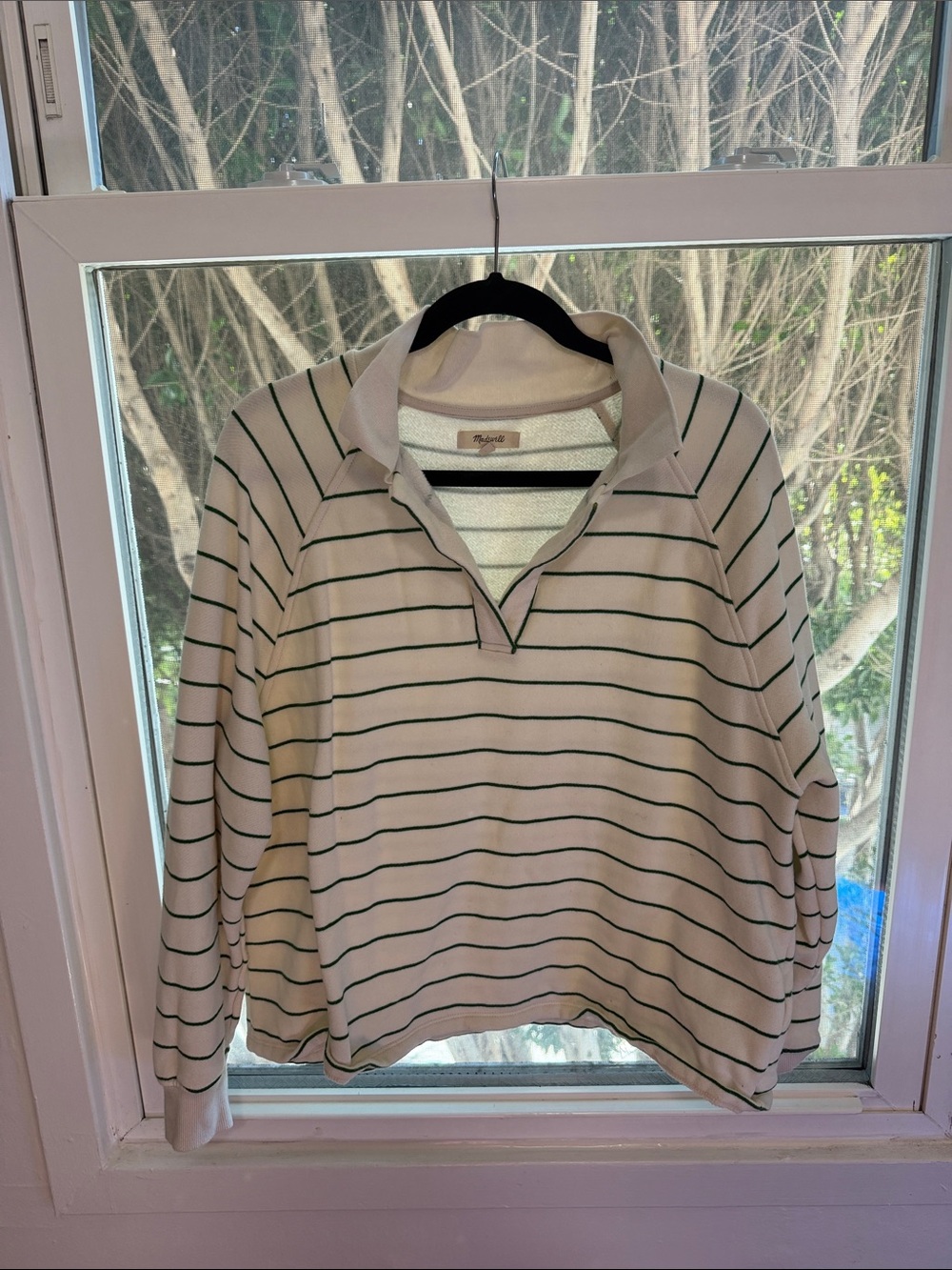 Madewell Relaxed Stripe Polo Sweater - White with Green Stripes